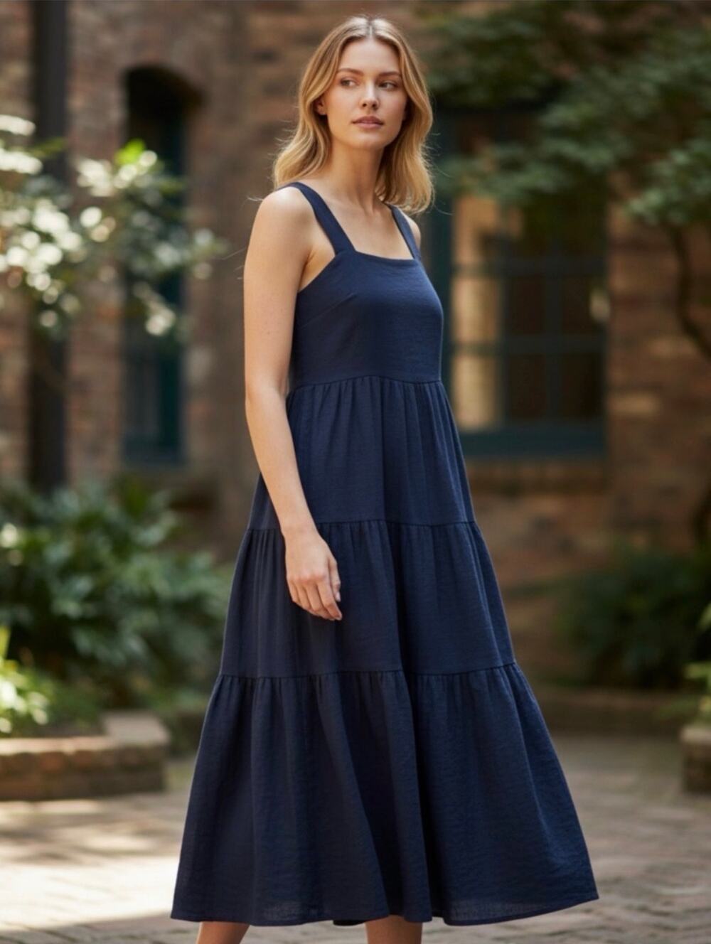 Joie Tiered Midi Dress Women’s S Navy Blue Cotton Square Neck Sleeveless